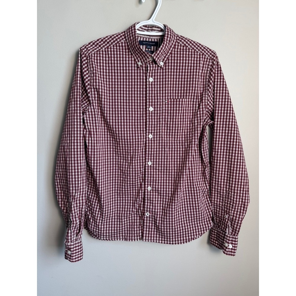 Tommy Hilfiger Gingham Button Down Shirt S Burgundy Red Preppy Classic Academic
